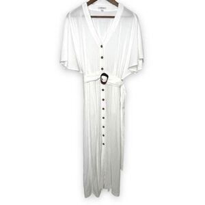Calvin Klein White Gauze Knit‎ V-Neck Belted Button Front Maxi Dress Size 8